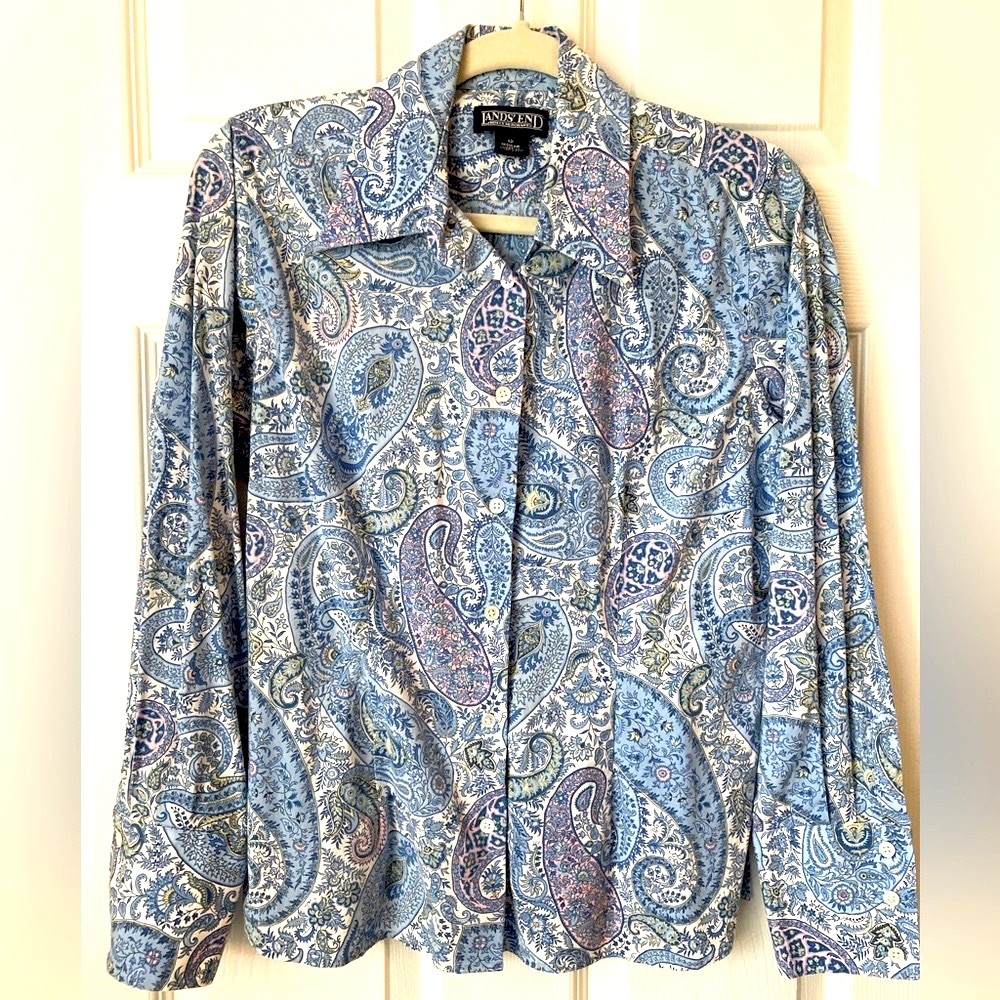 Lands End button front blouse.  Blue paisley, size 12. Stretch poplin.